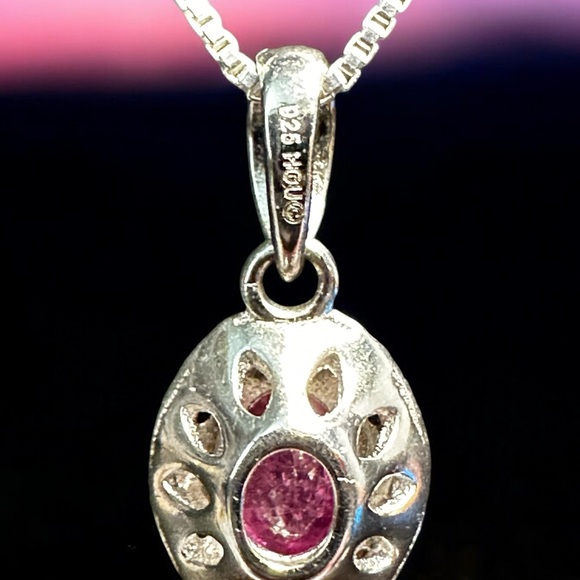 Sterling SIlver Ruby Oval Signed Set - Necklace, Earrings & Ring - Picture 4 of 12